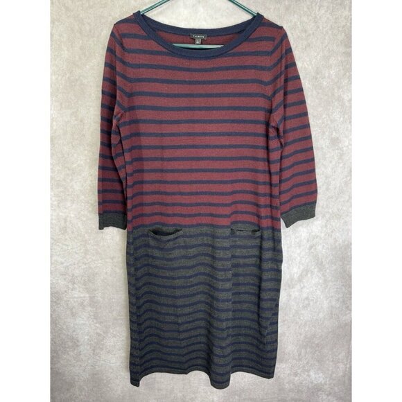 Talbots Sweater Dress Womens Large Burgundy Gray Wool Blend Stripe Sheath Pocket - Picture 3 of 12